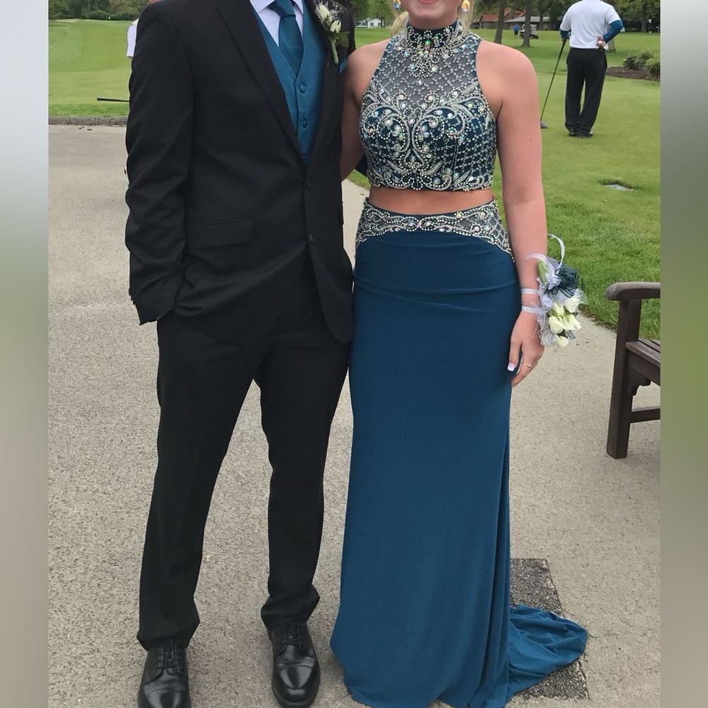 Teal Embellished Two-Piece Prom Dress